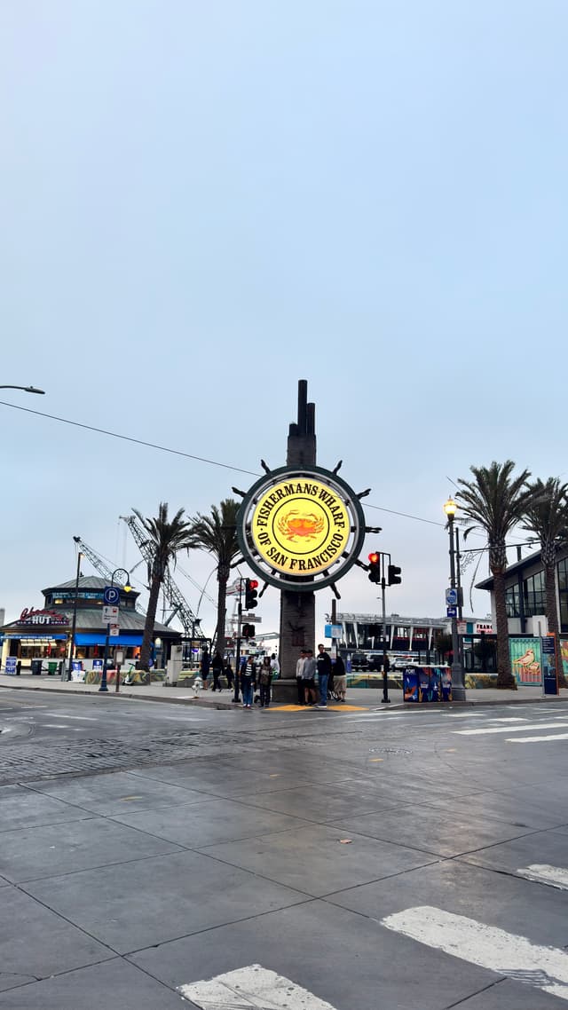A street scene featuring a large, circular sign for Fisherman's Wharf in San Francisco, surrounded by palm trees and streetlights, with a cloudy sky overhead